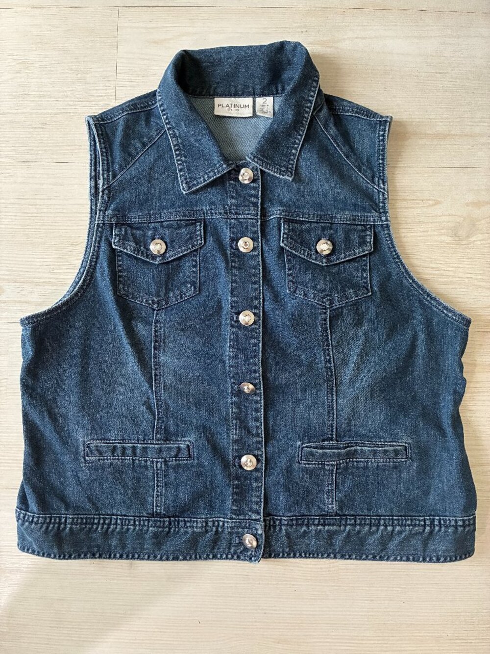 Chico's Platinum Denim Vest Size 2 (M/L) Dark Wash Rhinestone Button Crop Jean